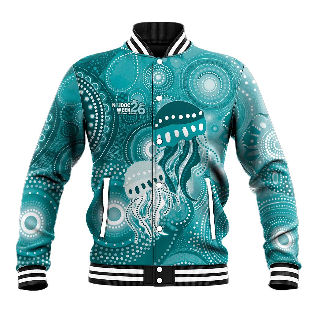 NAIDOC Deadly 50 Years Baseball Jacket Jellyfish Aboriginal Culture Inspired Turquoise
