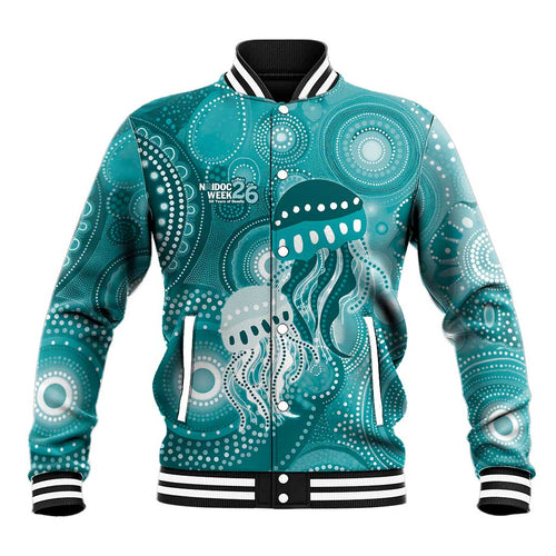 NAIDOC Deadly 50 Years Baseball Jacket Jellyfish Aboriginal Culture Inspired Turquoise