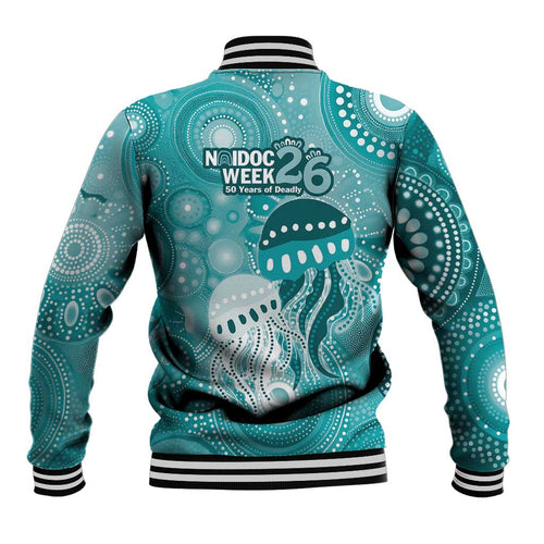 NAIDOC Deadly 50 Years Baseball Jacket Jellyfish Aboriginal Culture Inspired Turquoise