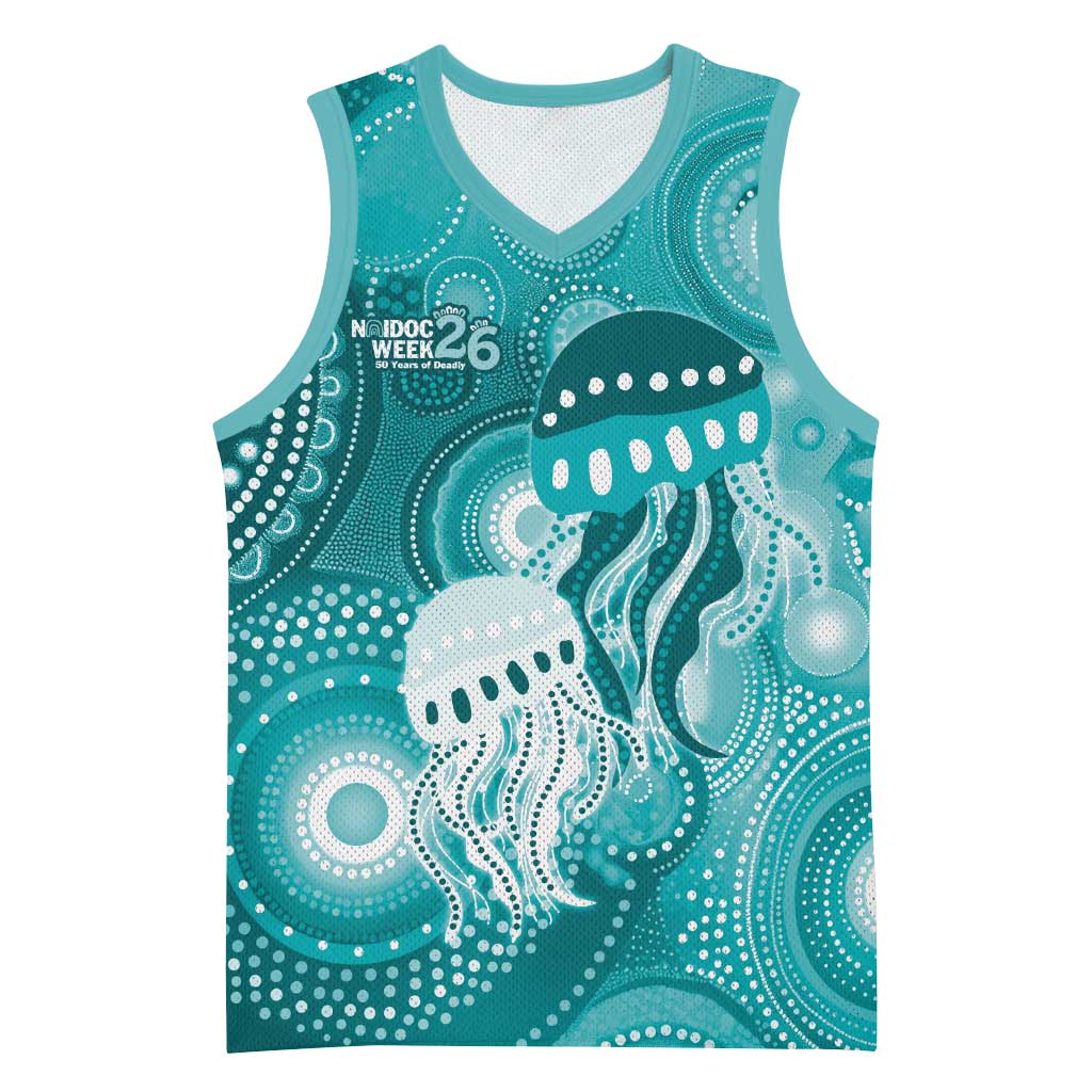 NAIDOC Deadly 50 Years Basketball Jersey Jellyfish Aboriginal Culture Inspired Turquoise