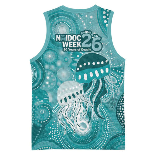 NAIDOC Deadly 50 Years Basketball Jersey Jellyfish Aboriginal Culture Inspired Turquoise
