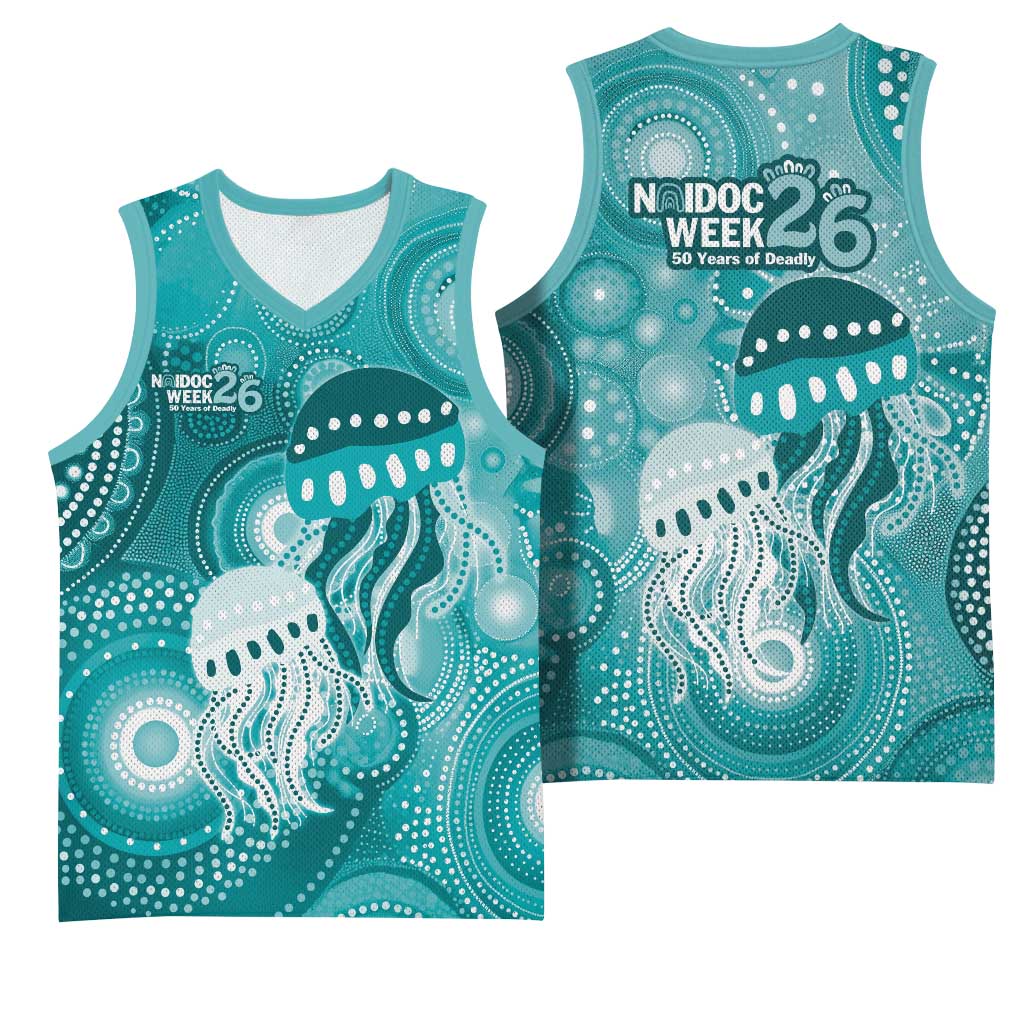 NAIDOC Deadly 50 Years Basketball Jersey Jellyfish Aboriginal Culture Inspired Turquoise