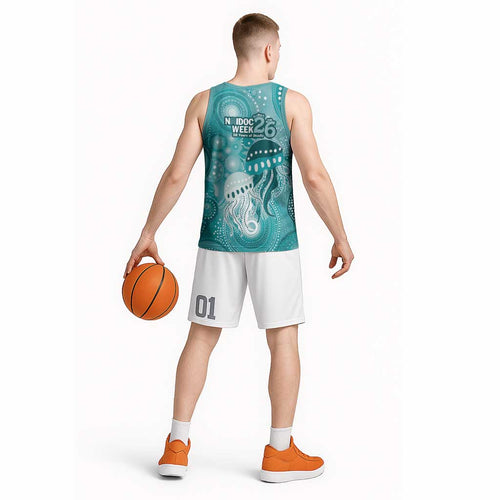 NAIDOC Deadly 50 Years Basketball Jersey Jellyfish Aboriginal Culture Inspired Turquoise
