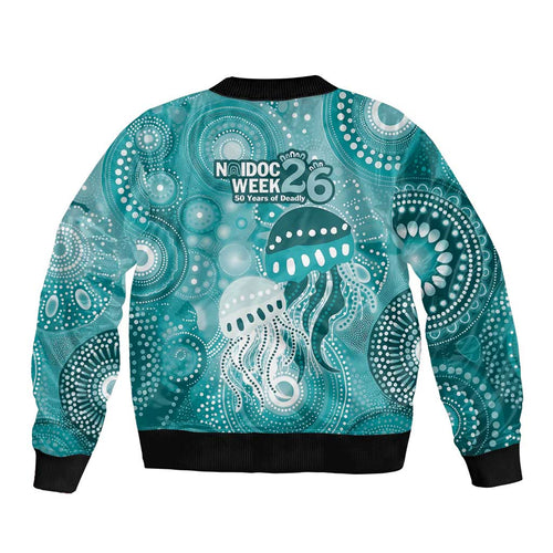 NAIDOC Deadly 50 Years Bomber Jacket Jellyfish Aboriginal Culture Inspired Turquoise