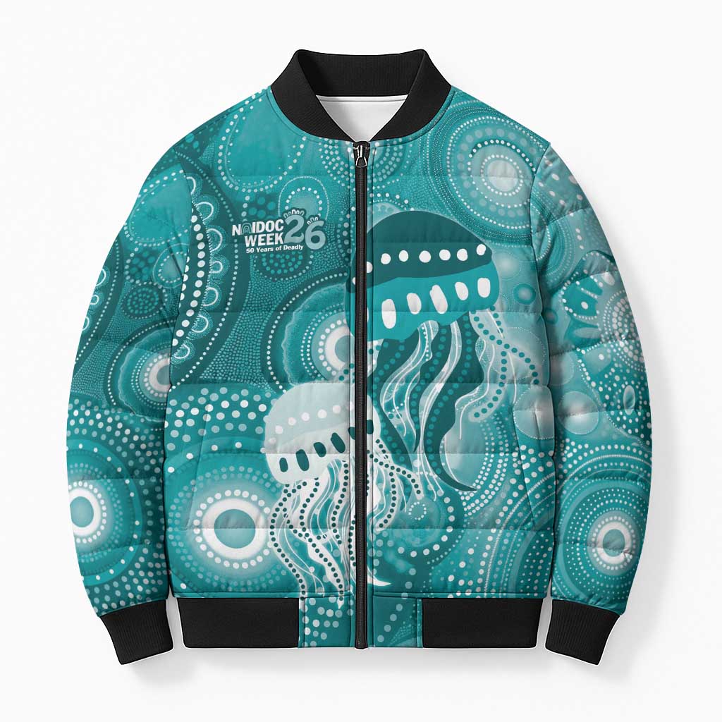 NAIDOC Deadly 50 Years Bomber Puffer Jacket Jellyfish Aboriginal Culture Inspired Turquoise