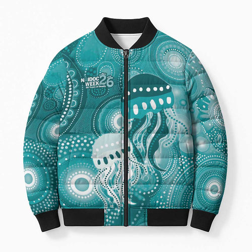 NAIDOC Deadly 50 Years Bomber Puffer Jacket Jellyfish Aboriginal Culture Inspired Turquoise