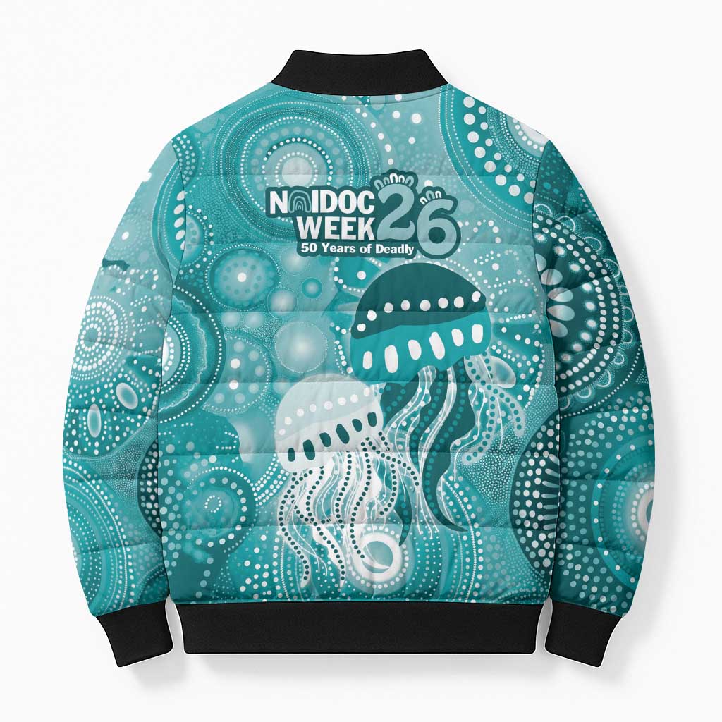 NAIDOC Deadly 50 Years Bomber Puffer Jacket Jellyfish Aboriginal Culture Inspired Turquoise