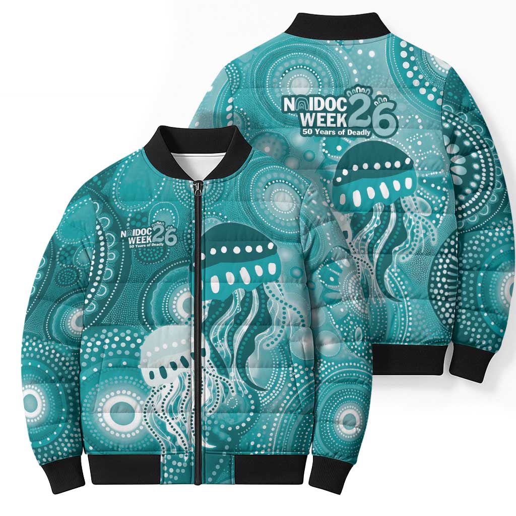 NAIDOC Deadly 50 Years Bomber Puffer Jacket Jellyfish Aboriginal Culture Inspired Turquoise