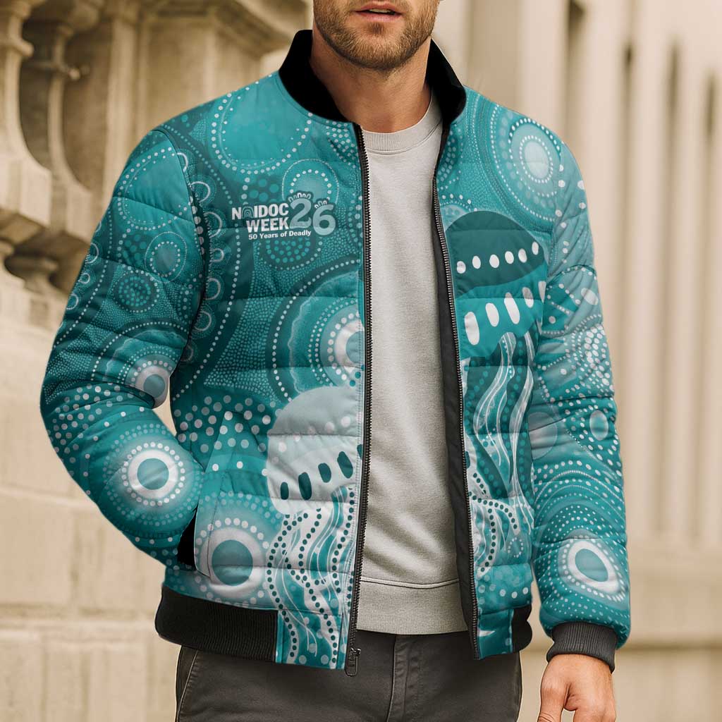 NAIDOC Deadly 50 Years Bomber Puffer Jacket Jellyfish Aboriginal Culture Inspired Turquoise