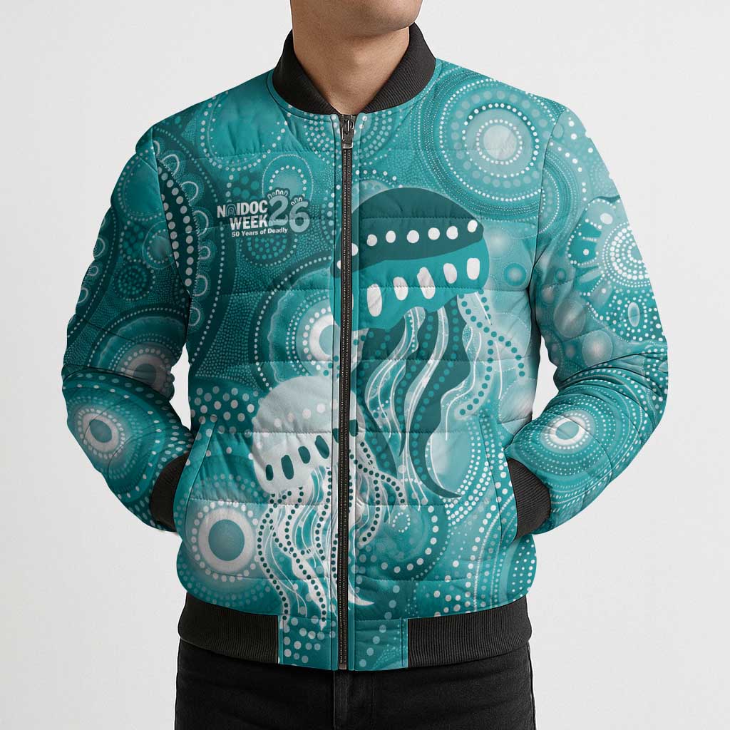 NAIDOC Deadly 50 Years Bomber Puffer Jacket Jellyfish Aboriginal Culture Inspired Turquoise