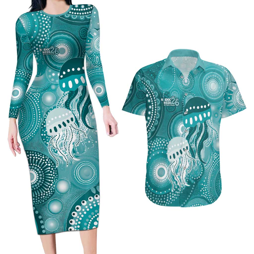 NAIDOC Deadly 50 Years Couples Matching Long Sleeve Bodycon Dress and Hawaiian Shirt Jellyfish Aboriginal Culture Inspired Turquoise