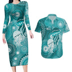 NAIDOC Deadly 50 Years Couples Matching Long Sleeve Bodycon Dress and Hawaiian Shirt Jellyfish Aboriginal Culture Inspired Turquoise