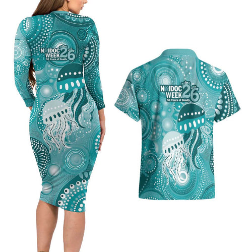 NAIDOC Deadly 50 Years Couples Matching Long Sleeve Bodycon Dress and Hawaiian Shirt Jellyfish Aboriginal Culture Inspired Turquoise