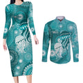 NAIDOC Deadly 50 Years Couples Matching Long Sleeve Bodycon Dress and Long Sleeve Button Shirt Jellyfish Aboriginal Culture Inspired Turquoise