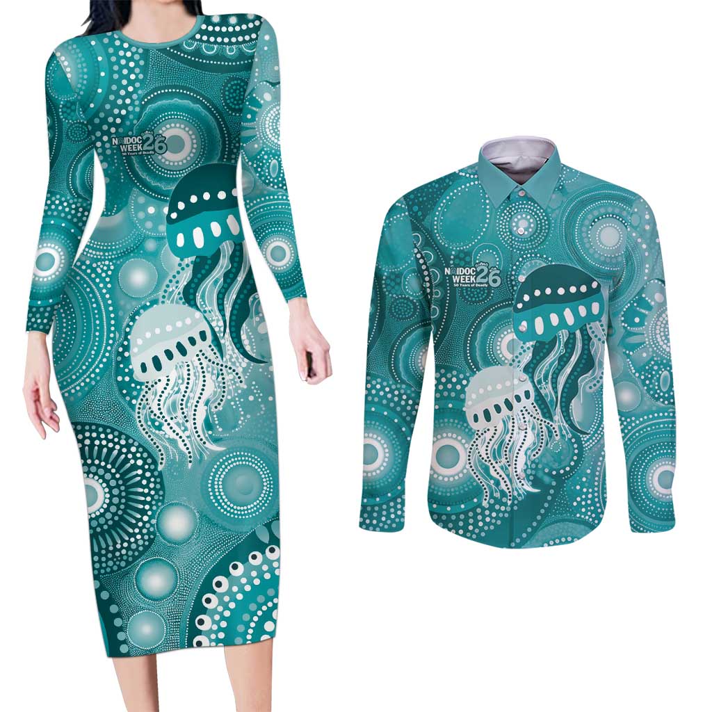 NAIDOC Deadly 50 Years Couples Matching Long Sleeve Bodycon Dress and Long Sleeve Button Shirt Jellyfish Aboriginal Culture Inspired Turquoise