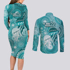 NAIDOC Deadly 50 Years Couples Matching Long Sleeve Bodycon Dress and Long Sleeve Button Shirt Jellyfish Aboriginal Culture Inspired Turquoise