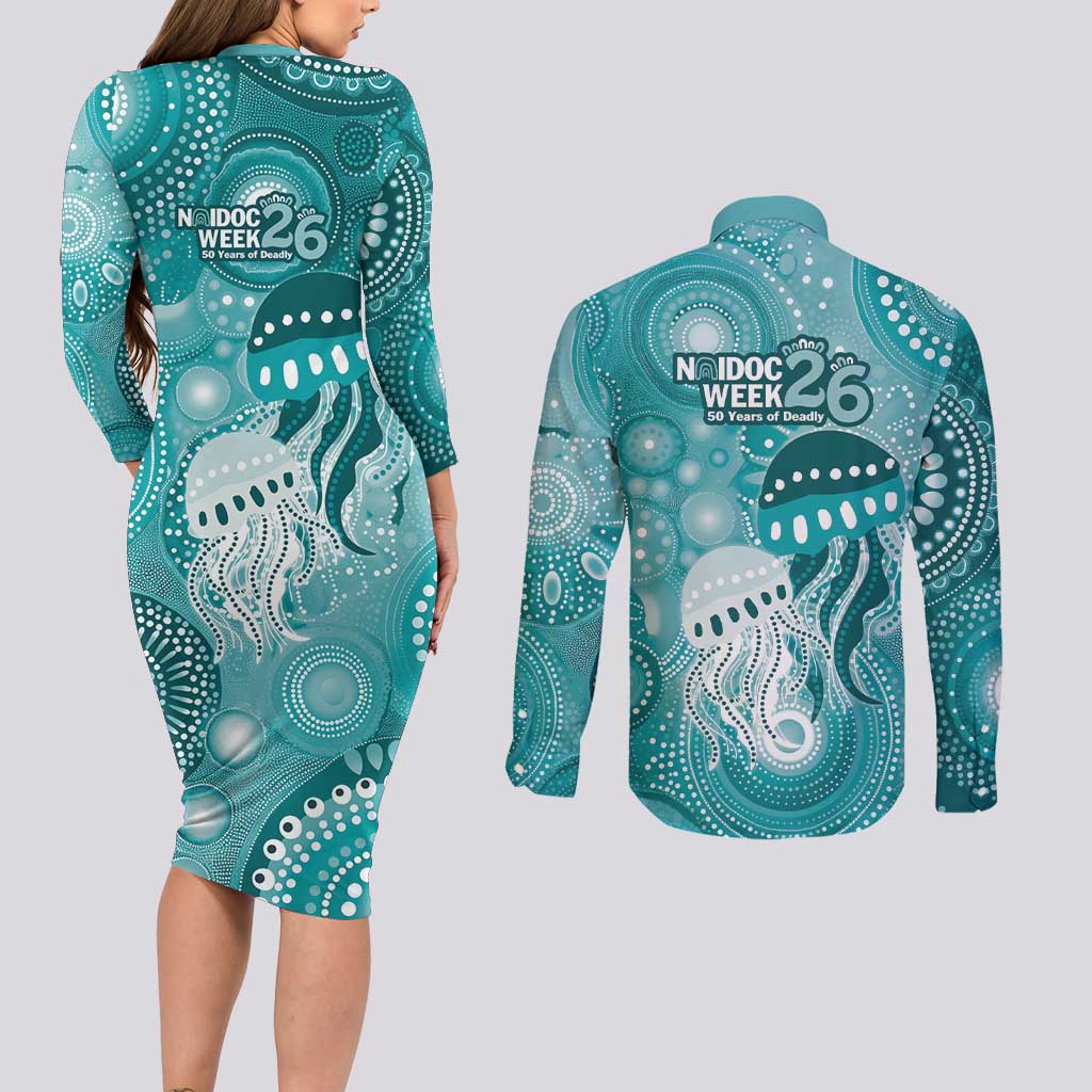 NAIDOC Deadly 50 Years Couples Matching Long Sleeve Bodycon Dress and Long Sleeve Button Shirt Jellyfish Aboriginal Culture Inspired Turquoise