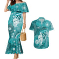 NAIDOC Deadly 50 Years Couples Matching Mermaid Dress and Hawaiian Shirt Jellyfish Aboriginal Culture Inspired Turquoise