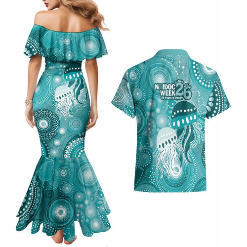 NAIDOC Deadly 50 Years Couples Matching Mermaid Dress and Hawaiian Shirt Jellyfish Aboriginal Culture Inspired Turquoise