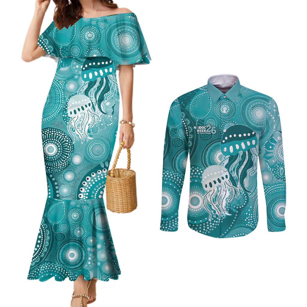 NAIDOC Deadly 50 Years Couples Matching Mermaid Dress and Long Sleeve Button Shirt Jellyfish Aboriginal Culture Inspired Turquoise
