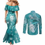 NAIDOC Deadly 50 Years Couples Matching Mermaid Dress and Long Sleeve Button Shirt Jellyfish Aboriginal Culture Inspired Turquoise