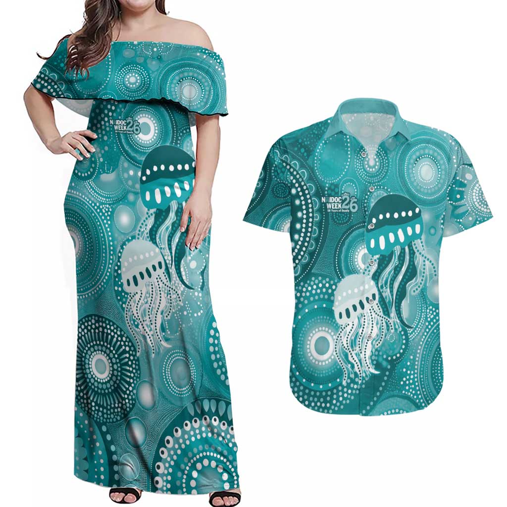 NAIDOC Deadly 50 Years Couples Matching Off Shoulder Maxi Dress and Hawaiian Shirt Jellyfish Aboriginal Culture Inspired Turquoise