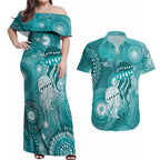 NAIDOC Deadly 50 Years Couples Matching Off Shoulder Maxi Dress and Hawaiian Shirt Jellyfish Aboriginal Culture Inspired Turquoise