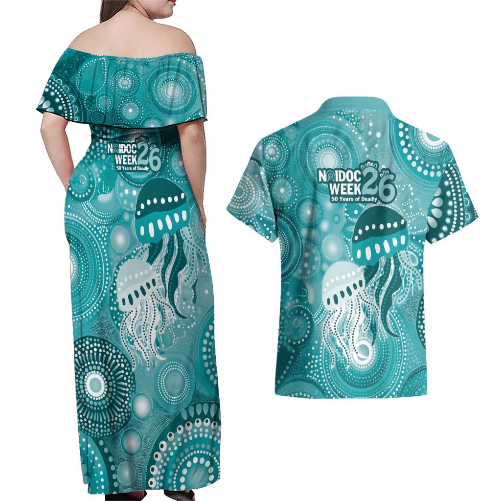 NAIDOC Deadly 50 Years Couples Matching Off Shoulder Maxi Dress and Hawaiian Shirt Jellyfish Aboriginal Culture Inspired Turquoise
