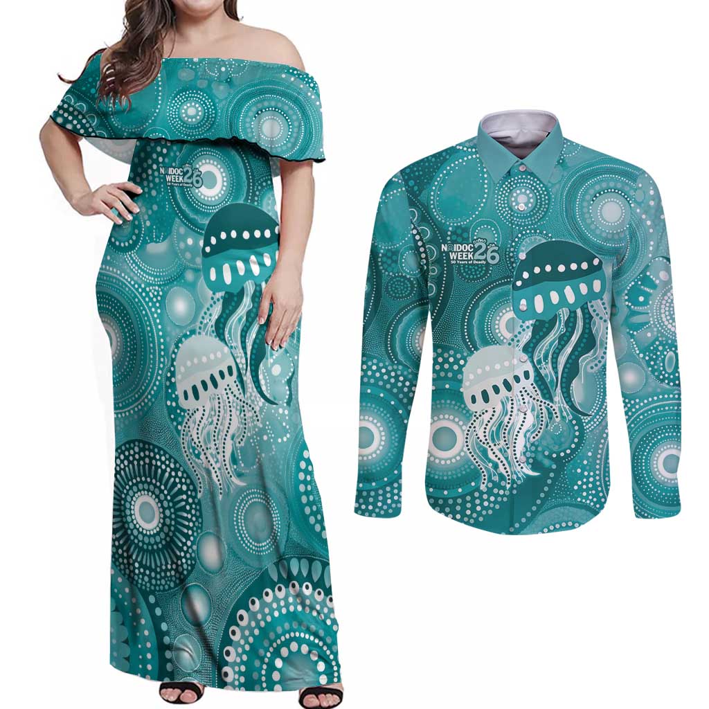 NAIDOC Deadly 50 Years Couples Matching Off Shoulder Maxi Dress and Long Sleeve Button Shirt Jellyfish Aboriginal Culture Inspired Turquoise