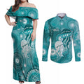 NAIDOC Deadly 50 Years Couples Matching Off Shoulder Maxi Dress and Long Sleeve Button Shirt Jellyfish Aboriginal Culture Inspired Turquoise