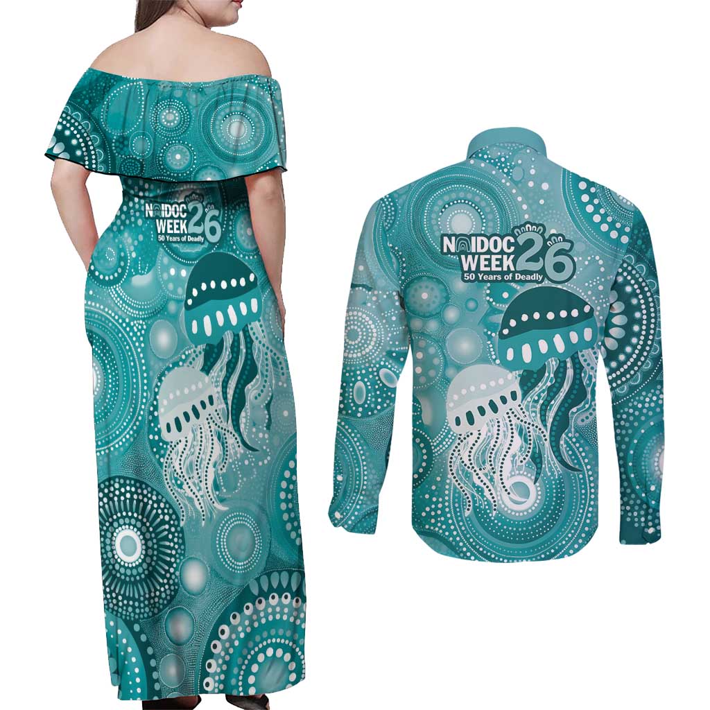 NAIDOC Deadly 50 Years Couples Matching Off Shoulder Maxi Dress and Long Sleeve Button Shirt Jellyfish Aboriginal Culture Inspired Turquoise