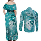 NAIDOC Deadly 50 Years Couples Matching Off Shoulder Maxi Dress and Long Sleeve Button Shirt Jellyfish Aboriginal Culture Inspired Turquoise