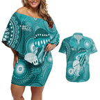 NAIDOC Deadly 50 Years Couples Matching Off Shoulder Short Dress and Hawaiian Shirt Jellyfish Aboriginal Culture Inspired Turquoise