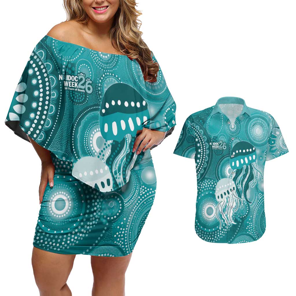 NAIDOC Deadly 50 Years Couples Matching Off Shoulder Short Dress and Hawaiian Shirt Jellyfish Aboriginal Culture Inspired Turquoise