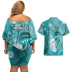 NAIDOC Deadly 50 Years Couples Matching Off Shoulder Short Dress and Hawaiian Shirt Jellyfish Aboriginal Culture Inspired Turquoise