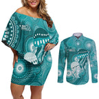 NAIDOC Deadly 50 Years Couples Matching Off Shoulder Short Dress and Long Sleeve Button Shirt Jellyfish Aboriginal Culture Inspired Turquoise