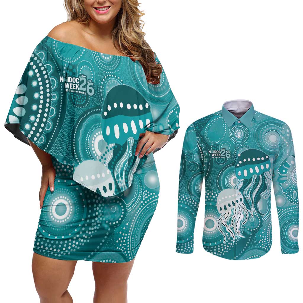 NAIDOC Deadly 50 Years Couples Matching Off Shoulder Short Dress and Long Sleeve Button Shirt Jellyfish Aboriginal Culture Inspired Turquoise