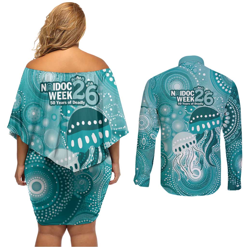 NAIDOC Deadly 50 Years Couples Matching Off Shoulder Short Dress and Long Sleeve Button Shirt Jellyfish Aboriginal Culture Inspired Turquoise