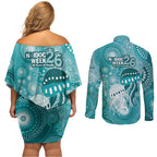 NAIDOC Deadly 50 Years Couples Matching Off Shoulder Short Dress and Long Sleeve Button Shirt Jellyfish Aboriginal Culture Inspired Turquoise
