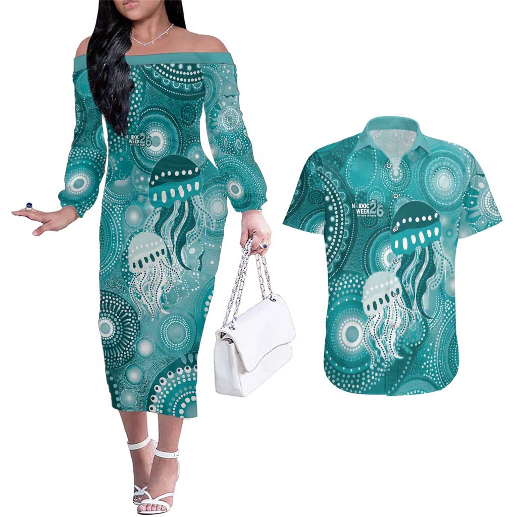NAIDOC Deadly 50 Years Couples Matching Off The Shoulder Long Sleeve Dress and Hawaiian Shirt Jellyfish Aboriginal Culture Inspired Turquoise