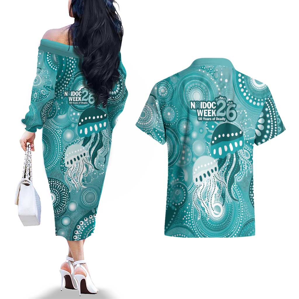 NAIDOC Deadly 50 Years Couples Matching Off The Shoulder Long Sleeve Dress and Hawaiian Shirt Jellyfish Aboriginal Culture Inspired Turquoise