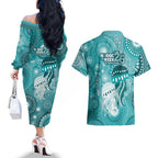 NAIDOC Deadly 50 Years Couples Matching Off The Shoulder Long Sleeve Dress and Hawaiian Shirt Jellyfish Aboriginal Culture Inspired Turquoise