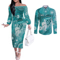 NAIDOC Deadly 50 Years Couples Matching Off The Shoulder Long Sleeve Dress and Long Sleeve Button Shirt Jellyfish Aboriginal Culture Inspired Turquoise