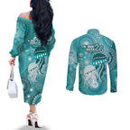 NAIDOC Deadly 50 Years Couples Matching Off The Shoulder Long Sleeve Dress and Long Sleeve Button Shirt Jellyfish Aboriginal Culture Inspired Turquoise
