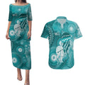 NAIDOC Deadly 50 Years Couples Matching Puletasi and Hawaiian Shirt Jellyfish Aboriginal Culture Inspired Turquoise