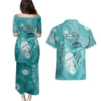 NAIDOC Deadly 50 Years Couples Matching Puletasi and Hawaiian Shirt Jellyfish Aboriginal Culture Inspired Turquoise