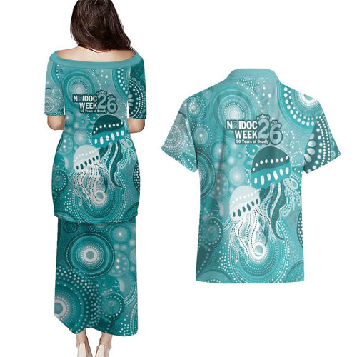 NAIDOC Deadly 50 Years Couples Matching Puletasi and Hawaiian Shirt Jellyfish Aboriginal Culture Inspired Turquoise