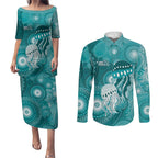 NAIDOC Deadly 50 Years Couples Matching Puletasi and Long Sleeve Button Shirt Jellyfish Aboriginal Culture Inspired Turquoise