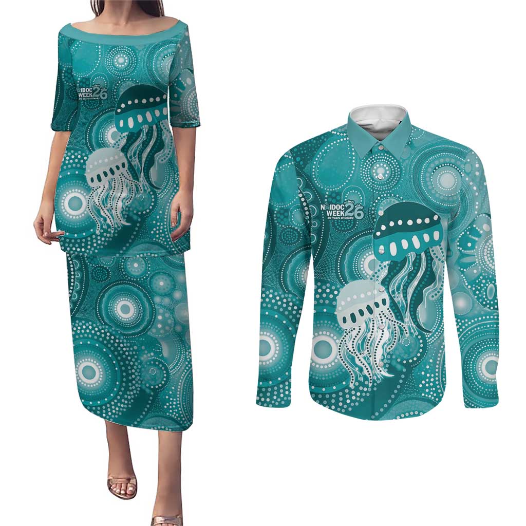 NAIDOC Deadly 50 Years Couples Matching Puletasi and Long Sleeve Button Shirt Jellyfish Aboriginal Culture Inspired Turquoise