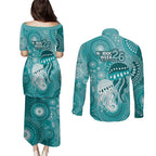 NAIDOC Deadly 50 Years Couples Matching Puletasi and Long Sleeve Button Shirt Jellyfish Aboriginal Culture Inspired Turquoise